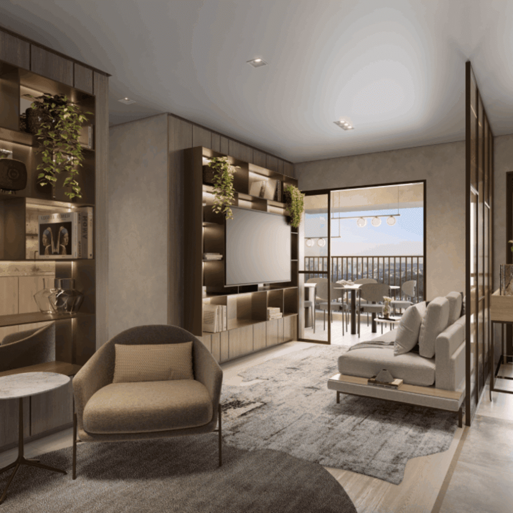Nova Vivere-Perspectiva Ilustrada do Living e Terraço Decorado de 72m²